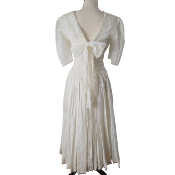 70s/80s Jessica Mcclintock Gunne Sax Creamy White Floral Print Lace Dress 8 - Picture 3 of 16